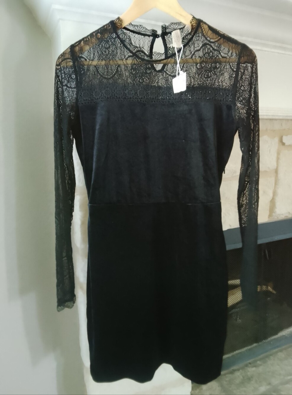 H&M chic Black Velvet Dress with Lace Sleeve Gothic Steampunk 90's Grung